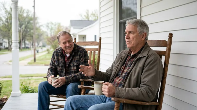 Two men in their sixties talking over coffee on a front porch, one searching for a word with his hand raised