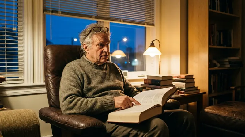 A man in his sixties in an armchair by a window, rereading the top of a page in a hardback book