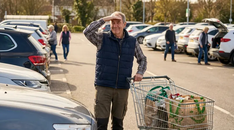 A man in his sixties with a grocery cart in a parking lot, shading his eyes as he looks along the rows for his car