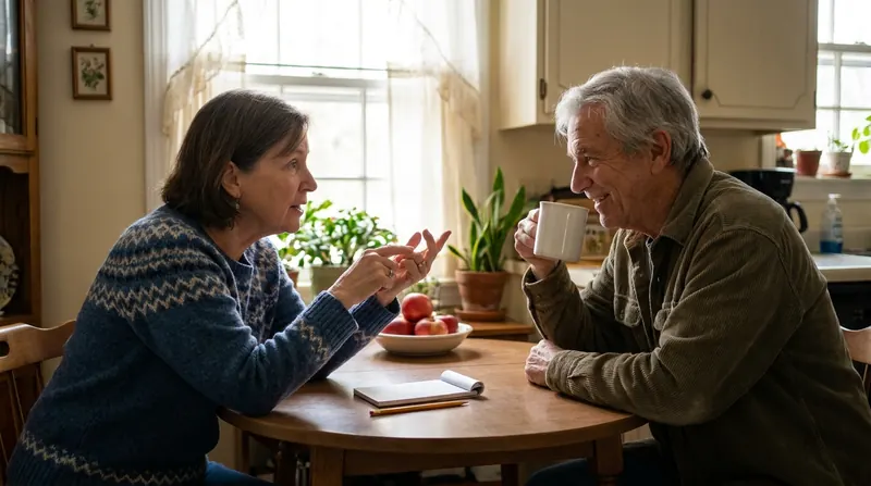 An older married couple at a kitchen table, the wife counting something off on her fingers while her husband listens over coffee