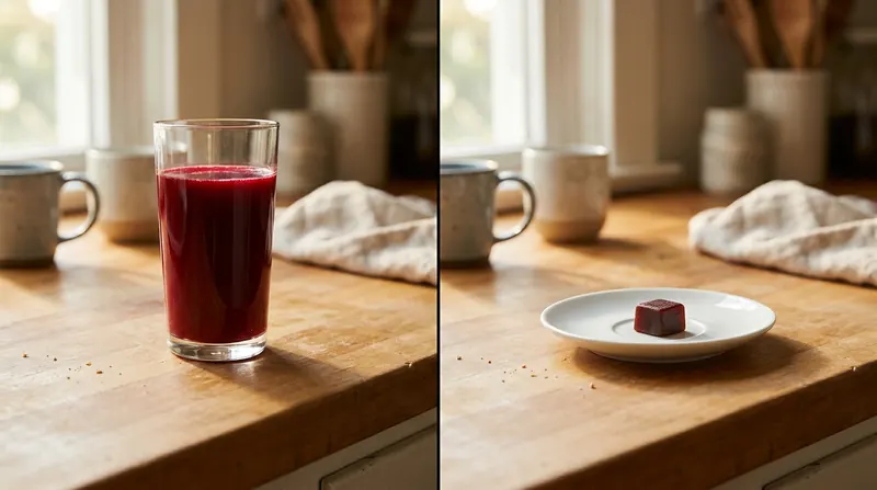 A split photograph: a tall glass of beet juice on the left and a single small dark-red soft chew on a saucer on the right