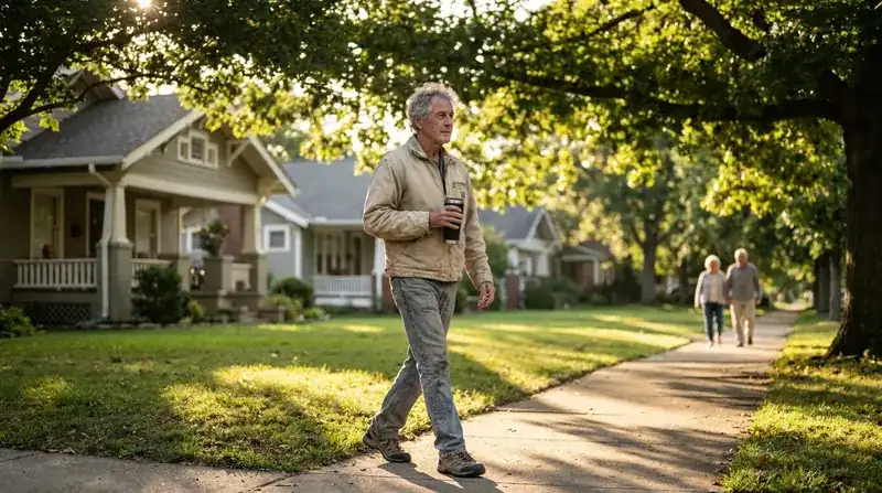 A man in his sixties walking along a tree-lined sidewalk in the early morning with a travel mug