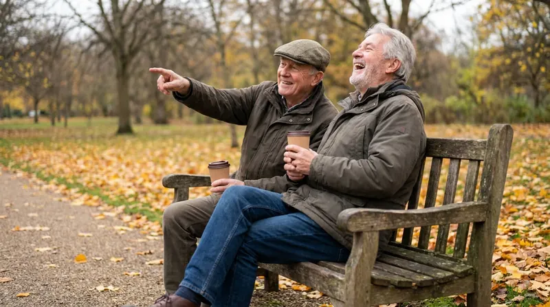 Two men in their sixties on a park bench in autumn, one pointing across the park while the other laughs