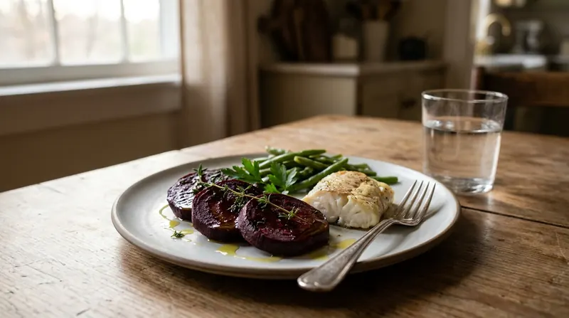 A supper plate with roasted beet slices, baked fish and green beans on a wooden table