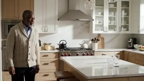 A man in his sixties stops in the middle of his kitchen, looks around, then smiles and picks up his reading glasses from the counter