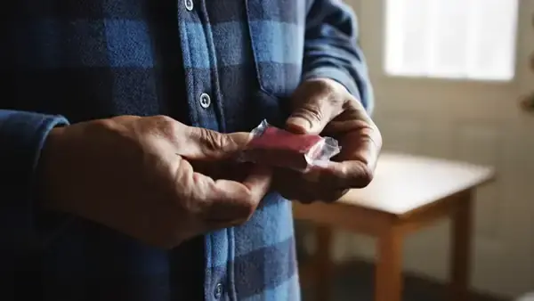 A man's hands tucking a wrapped soft chew into his shirt pocket and picking up his keys by the front door