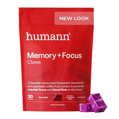 The resealable pouch of SuperBeets Memory + Focus soft chews, from the seller's photograph